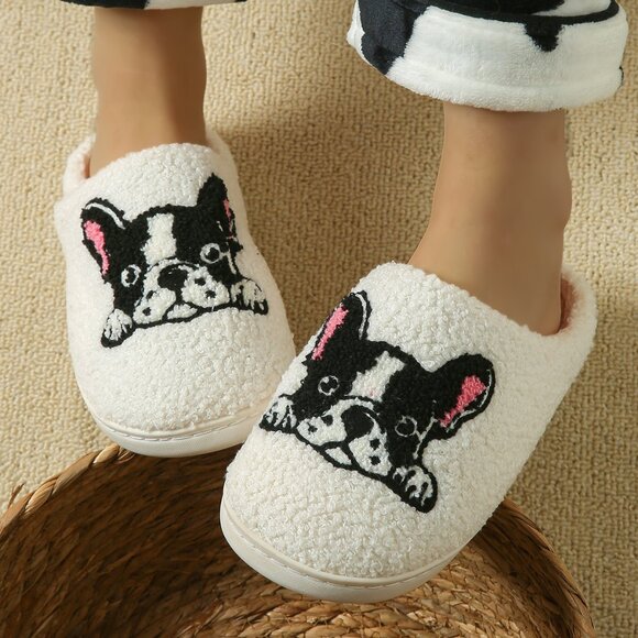 Funny French Bulldog Slippers Winter House Shoes, Fluffy Bedroom Slides - Picture 2 of 4